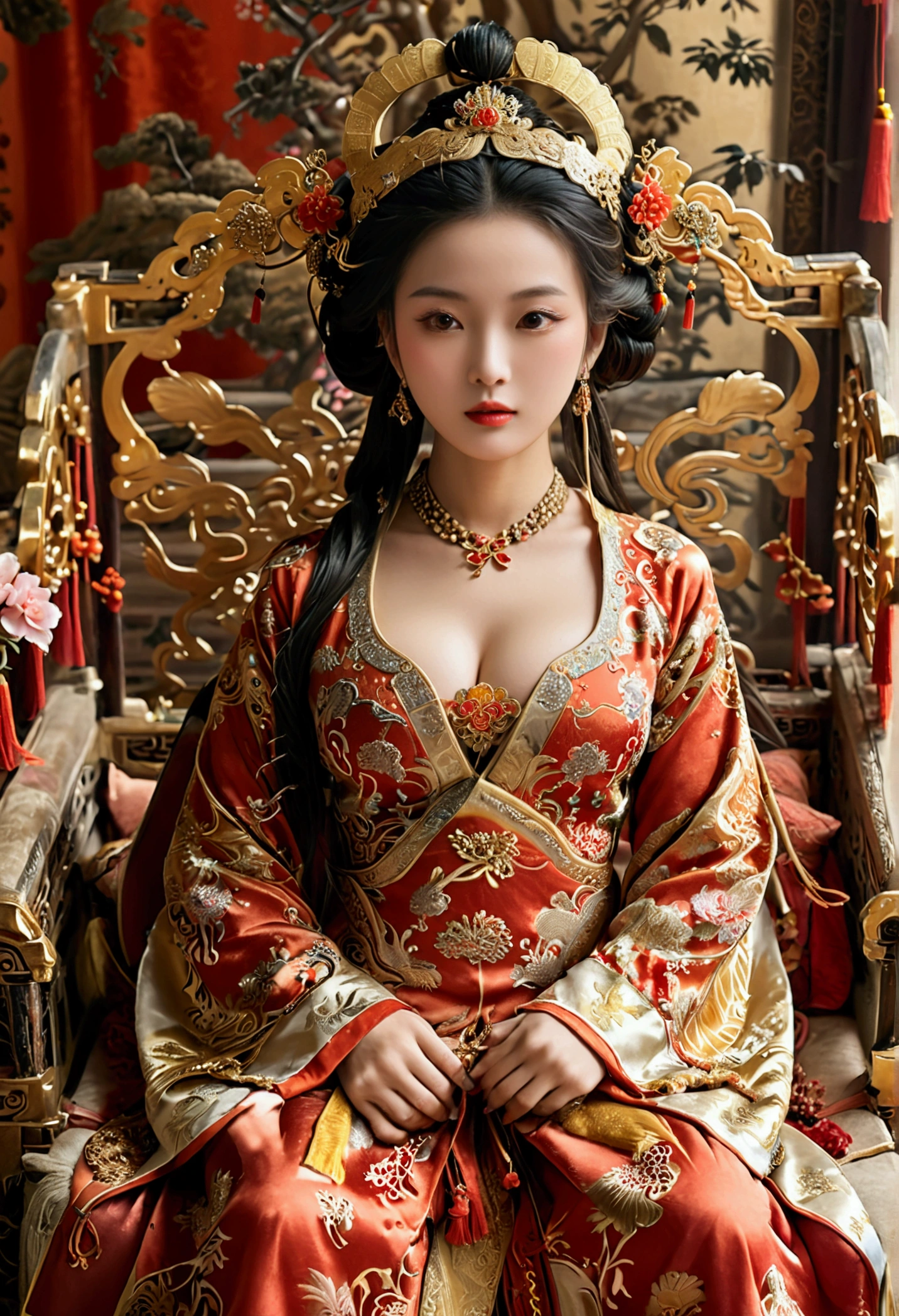 A gorgeous empress of the Chinese court during the Qing Dynasty, naked with big breasts on a golden sofa, spreading one's legs open wide with knees bent,creating the shape of the letter M(Porn Pose) A gorgeous Chinese imperial empress with her hair tied on both sides and wearing a crown、Background of kinky and erotic woman tying her hair、The story is set in the luxurious rooms of an empress in the Chinese imperial court during the Qing dynasty.。