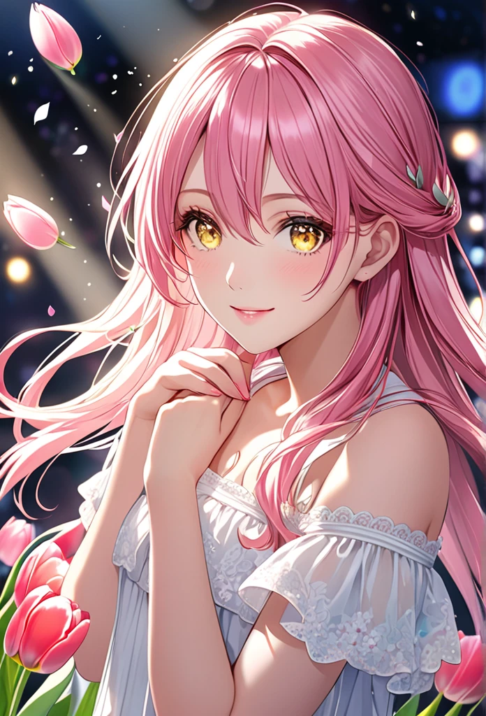 ((masterpiece, Highest quality))++, Detailed lighting+, Detailed Hair+, Detailed hands+ ,1 person, Escape, Long Hair, Yellow Eyes, Yellow Eye、Beautiful Eyes, (Beautiful pink hair:1.5),(Beautiful and delicate eyes), High resolution+,glass tint, Reflective eyes,original, Very beautiful CG，sing、stage、Idol、smile、be happy、smile、Sweat、Tulips、Hearts in eyes、Wrapped in heart