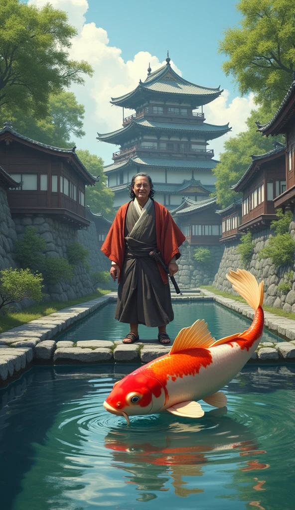 "A koi fish returns to a castle pond, and Toyotomi Hideyoshi, overcome with emotion, watches with a broad smile. His expression is one of pure delight, set against the backdrop of the serene castle grounds."