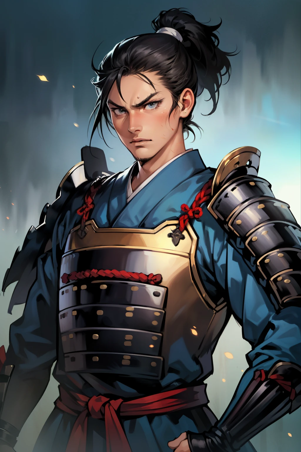 (high resolution, pixel perfect, gorgeous illustrations), (hyper quality, muste piece, etheric: 1.4), (((cowboy shot))), face focus, ((1girl)), (((Androgynous, boyish))), (((15 years old))), cool atmosphere, black hair, ((((low_ponytail)))), (((Exquisite face, anguish))), (slender, small breasts), fighter, (((samurai, armor))), simple background,