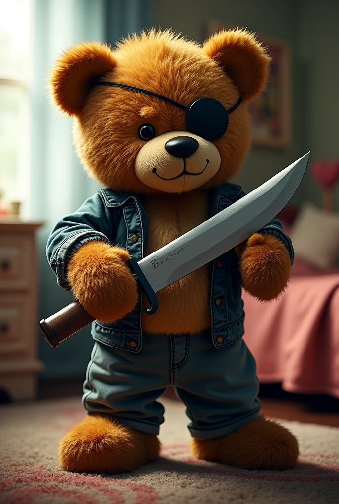 A teddy bear wearing an eye patch, like a gangster、holding a cutter knife twice the size of its body、In the children's room