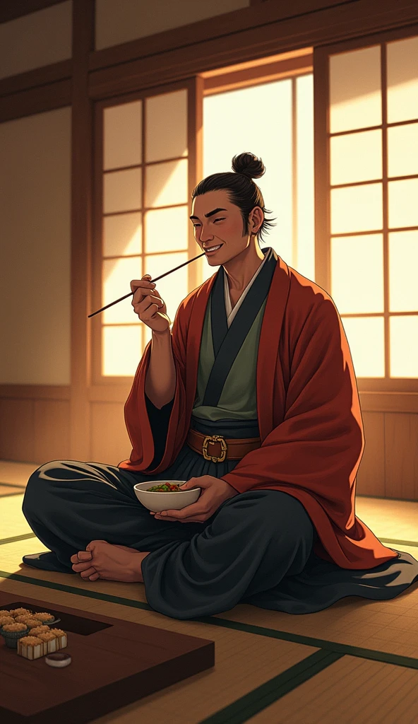 In a traditional Japanese room, Toyotomi Hideyoshi sits at a low table, savoring a bowl of natto with a blissful expression. His face reflects pure joy as he indulges in his favorite dish, the room filled with warm light."