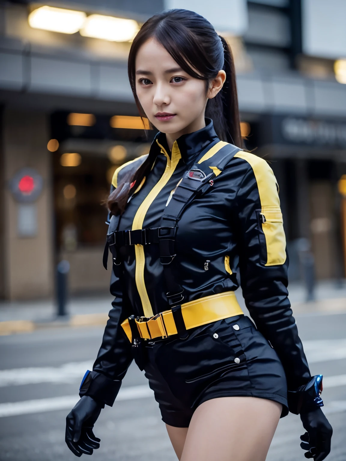 (Very realistic), (Highest quality), ((round, small and precise face)), Glowing Skin, Shiny skin,Wide Hips,Woman with a small waist 1,Yokozaki beauty々,black gloves,watch,Iris,short Shorts,black Shorts, Short boots, gloves, ponytail,Jacket,Shorts, Black Hair,long hair,Big Breasts,Adult women,Lots of bangs,Serious expression,Fighting figure,Sweating