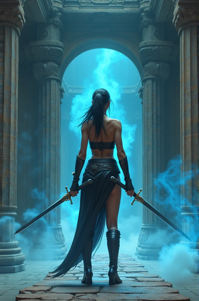 tall woman, beautiful body, dressed as a warrior in leather clothes, Hair tied in a ponytail, waist length, with two swords in hand, seeing the entrance of an ancient temple, surrounded by bright blue mist