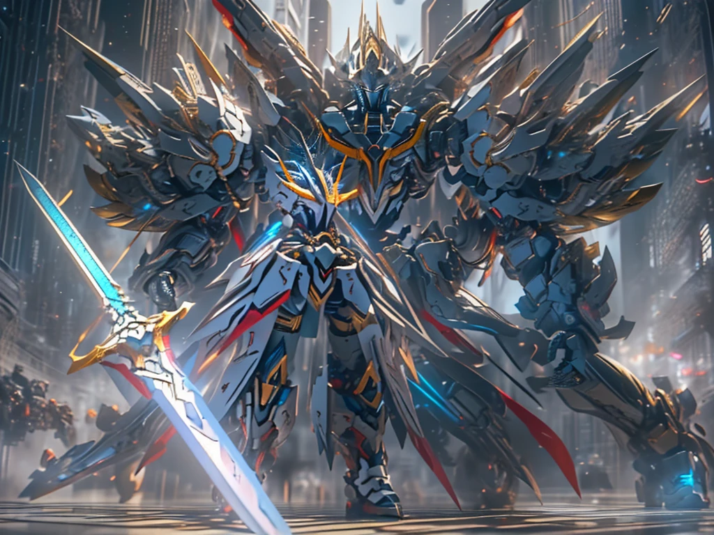 masterpiece, Highest quality, 8k, Anime１scene, Combined Robo, ((Giant Sword, Hold your sword in both hands、The tip of the sword is diagonally forward, Standing with a tilted head.)), bank