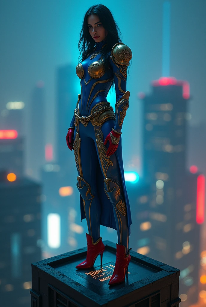 A photography of assassin's creed girl is wearing blue gold armour clothes with red high heels. She was stand top of building with night scene view. The mini board was saying "AI GENERATE HAZRIN RYNN"