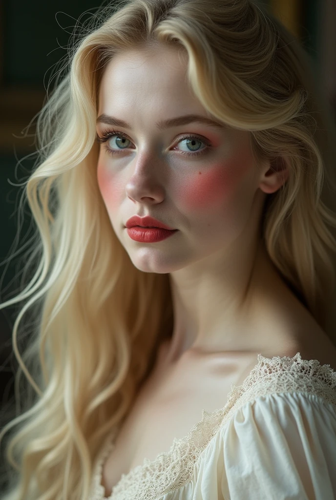 A close up photo of blond woman, with an onion-like face with white skin when you press it it turns light red, red blushes, long ondulating hair, (:1.2), black lace bra, Victorian era, Victorian style photography, anthotype print