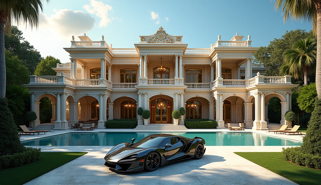 luxury home with a luxury car parked in front of it, luxury pool, luxury lifestyle, luxurious environment, luxury architecture, rich house, huge mansion, rich style, luxury and elite, extremely opulent, luxurious, hyper luxurious, majestic masterpiece, wealthy, luxury, stunning grand architecture, exquisite masterpiece, flaunting his wealth, inside a grand, architectural masterpiece