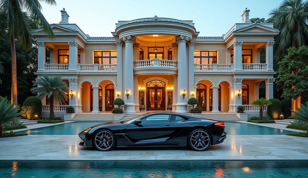 luxury home with a luxury car parked in front of it, luxury pool, luxury lifestyle, luxurious environment, luxury architecture, rich house, huge mansion, rich style, luxury and elite, extremely opulent, luxurious, hyper luxurious, majestic masterpiece, wealthy, luxury, stunning grand architecture, exquisite masterpiece, flaunting his wealth, inside a grand, architectural masterpiece