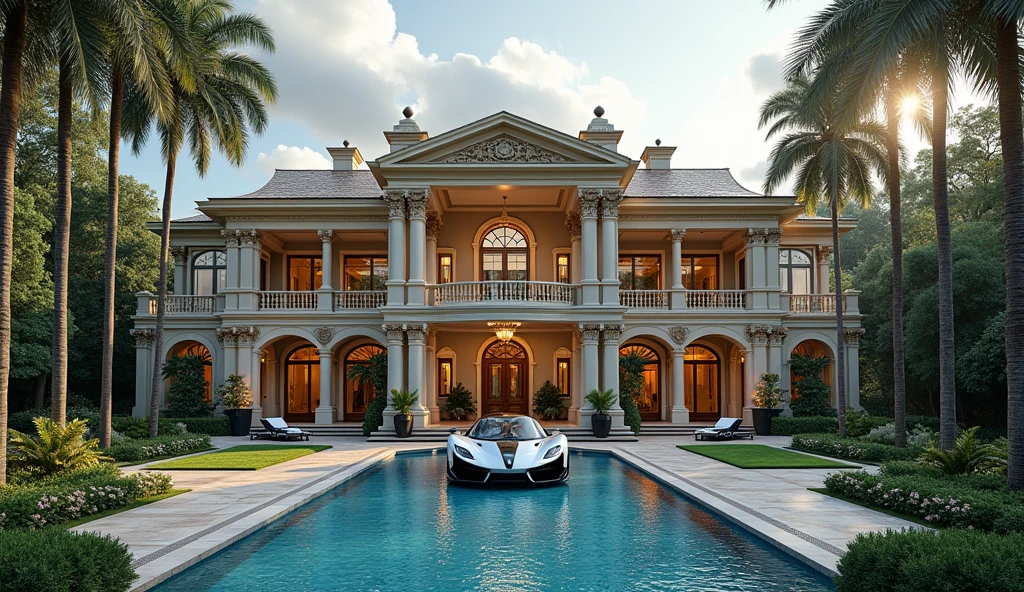 luxury home with a luxury car parked in front of it, luxury pool, luxury lifestyle, luxurious environment, luxury architecture, rich house, huge mansion, rich style, luxury and elite, extremely opulent, luxurious, hyper luxurious, majestic masterpiece, wealthy, luxury, stunning grand architecture, exquisite masterpiece, flaunting his wealth, inside a grand, architectural masterpiece