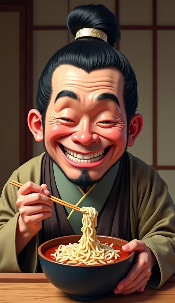 Toyotomi Hideyoshi, with an exaggeratedly satisfied smile, enjoys a bowl of natto in a simple wooden room. His eyes are closed in contentment, fully immersed in the experience of his beloved food."
