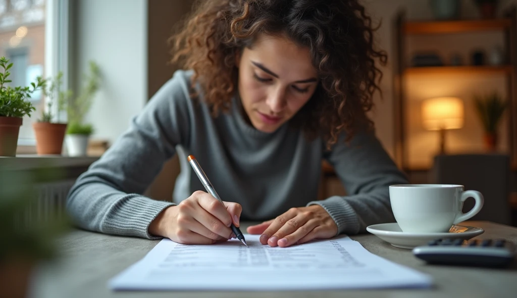 "A person holding a pen, crossing out items on a budget list, with a coffee cup and calculator on the table, emphasizing elimination of unnecessary expenses, ar 16:9"