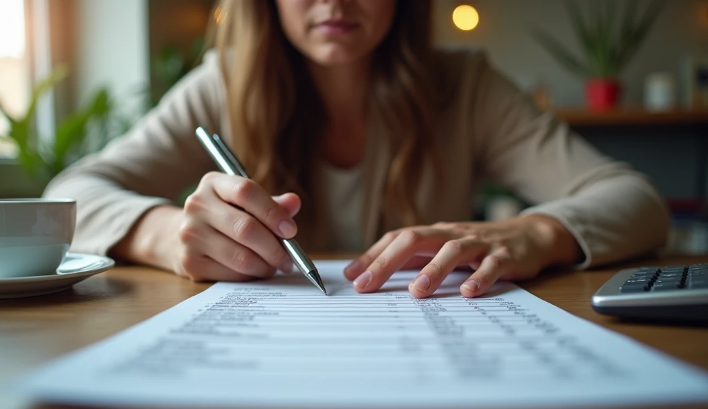 "A person holding a pen, crossing out items on a budget list, with a coffee cup and calculator on the table, emphasizing elimination of unnecessary expenses, ar 16:9"
