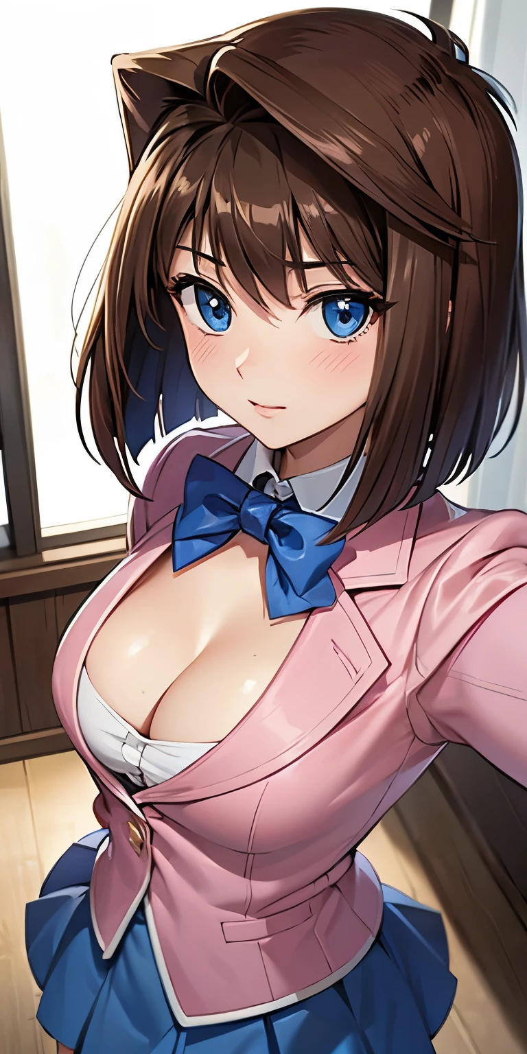 1 Female,High definition,high resolution,Ultra-realistic,8K,aamazaki, (antenna hair:1.2), blue bowtie,blue eyes, pink jacket, blazer, long sleeves, blue skirt, tight skirt, miniskirt,European,sexy,Upper body close-up,Photographed from the front,Dynamic Angles,private teacher,blush, (small tits),cleavage,(top view),(selfie)