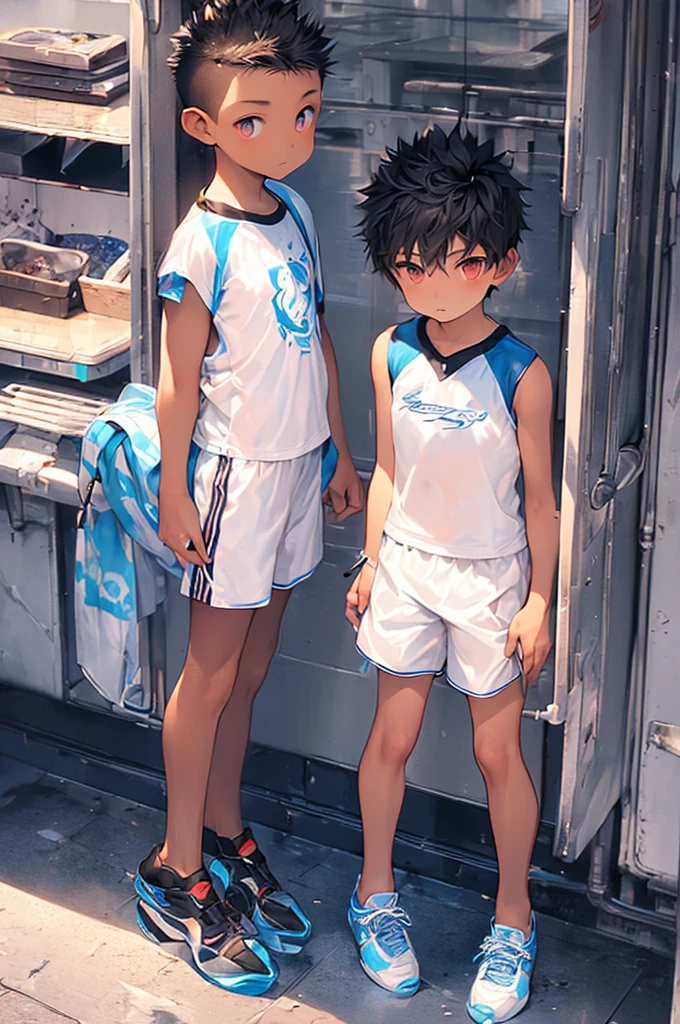 (Shota:1.5),(((Highest quality))),(((masterpiece))),(((Very detailed))),(((High resolution))),One person,T-Shirts,Short shorts,((Soccer uniforms)),White socks,Blue sneakers,Naughty,Japanese,Buzz Cut,(((Spiked Hair))),Black Hair,(Point pupils),Leanness system,Baby Face,Beautiful face,