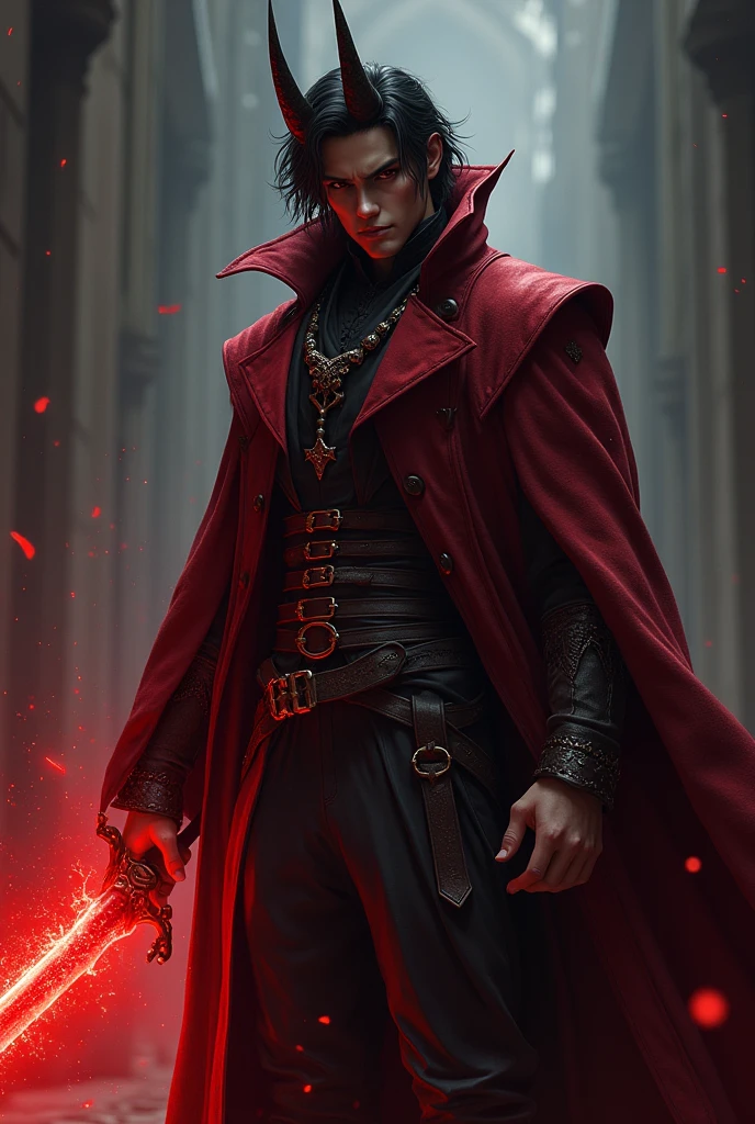 Male red mage, wearing long victorian coat with leather belts tricotn hat, mid long dark hair,  red glowing rapier, flat horn sprouting from the back of the neck to the sides, menacing pose