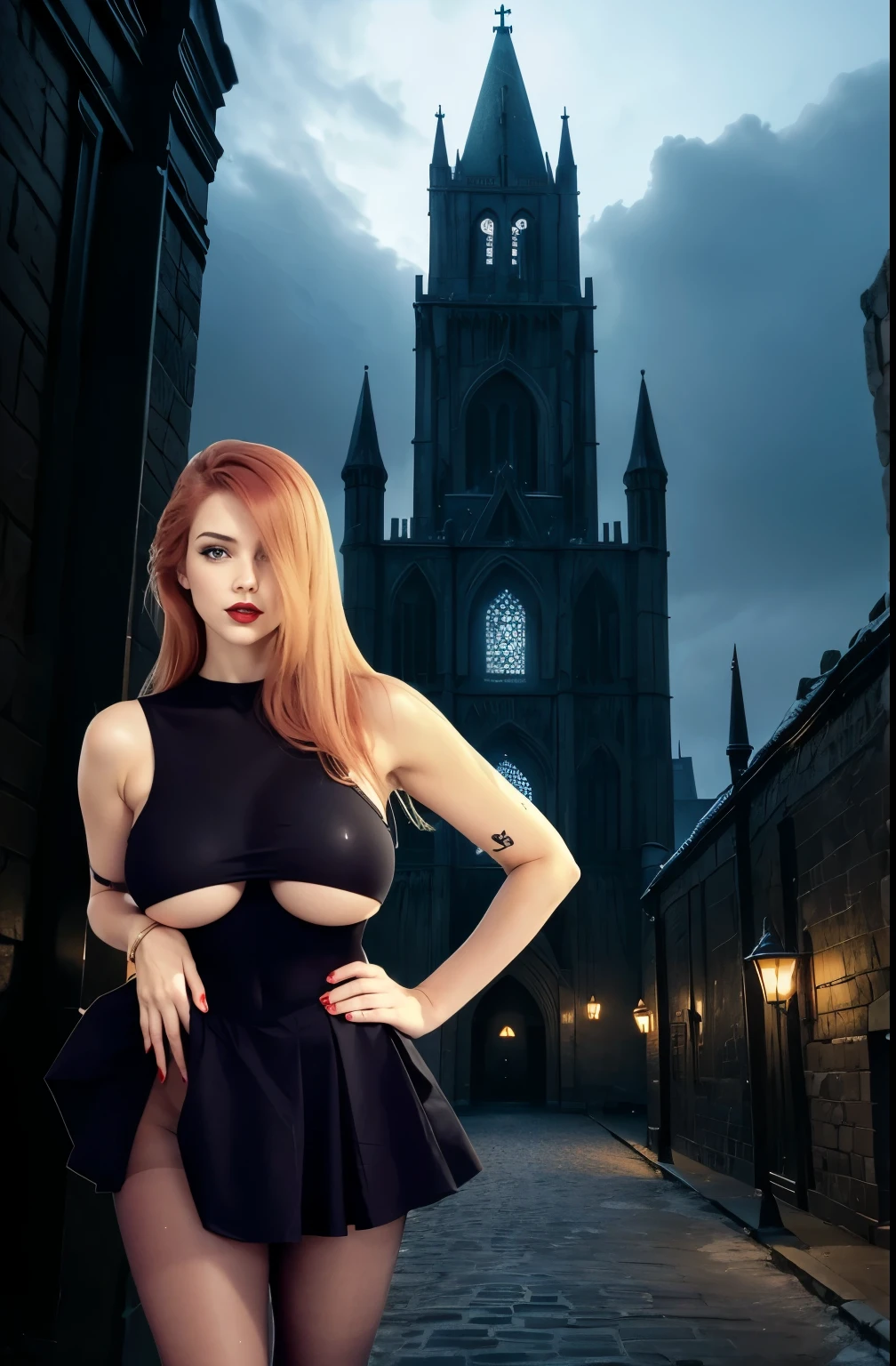 girl standing, red hair, red nails, red lips, sheer top, black skirt, black nylons, pantyhose, tights,