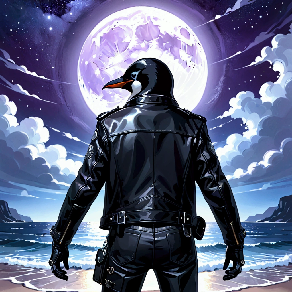 Closeup, wallpaper, dark purple spacious starry night sky, full moon with clouds, silhouette of an extremely badass anthropomorphic penguin wearing an insanely cool black leather biker jacket open, black leather biker gloves, black leather biker pants far distance, glistening ocean