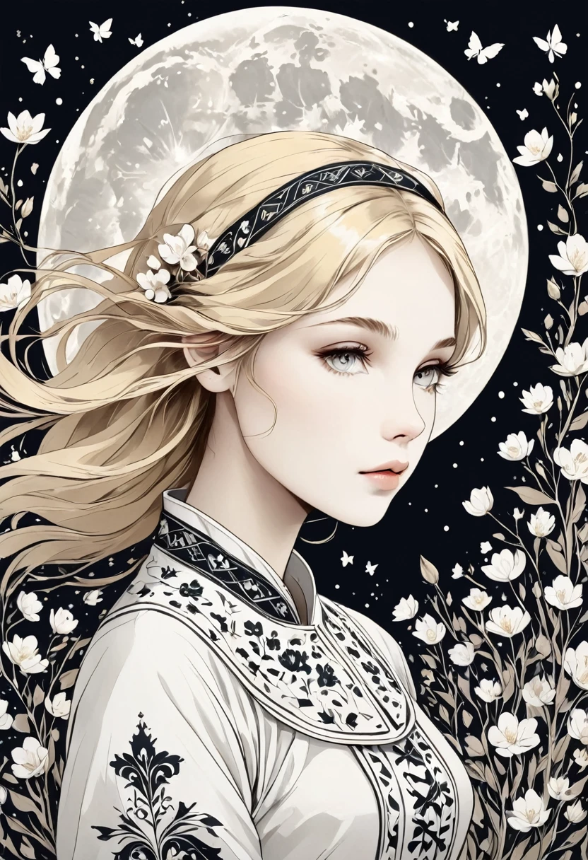Monochrome conceptual design style, (((from the side))), (((Vision))), (1 girl), evening, (There is a big big moon in the sky: 1.4), ((in the roof)),(((The girl is young blonde, light eyes, white and wearing a Galician folk costume: 1.5))), (Many heart marks) (medieval drawing style, with a ceramic texture)
