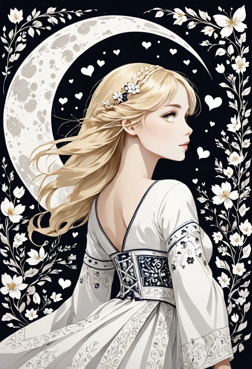Monochrome conceptual design style, (((from the side))), (((Vision))), (1 girl), evening, (There is a big big moon in the sky: 1.4), ((in the roof)),(((The girl is young blonde, light eyes, white and wearing a Galician folk costume: 1.5))), (Many heart marks) (medieval drawing style, with a ceramic texture)
