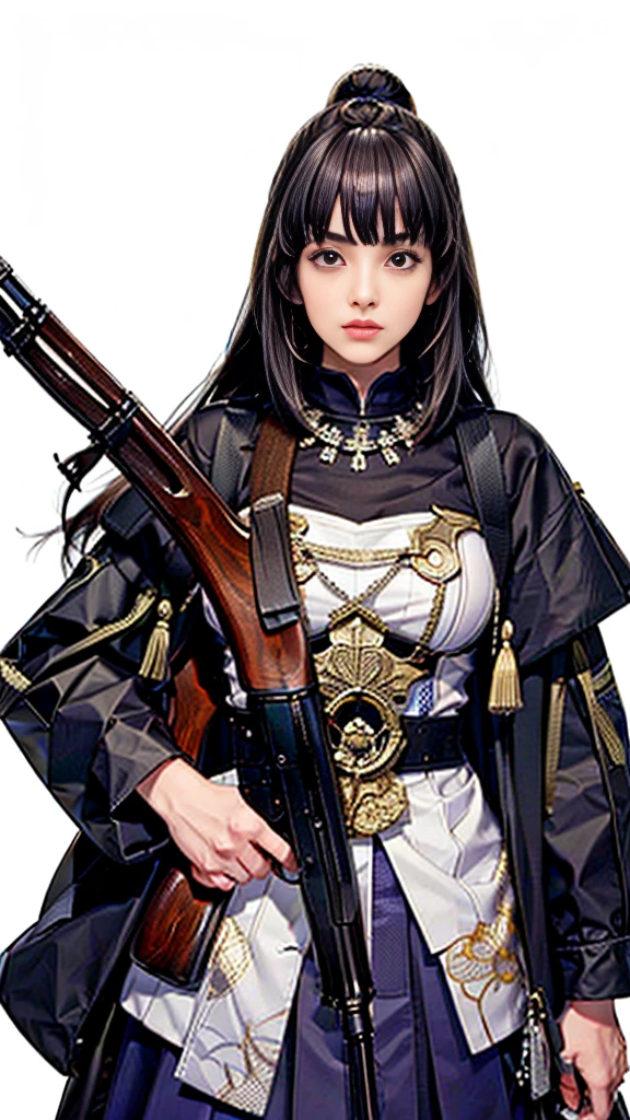 masterpiece,Highest quality,One beautiful woman, A single matchlock gun:1.2, (((matchlock))),arquebus,((Holding a gun at the side)), Long Hair, Black Hair,Bangs, Aim,Cowboy Shot,((Black Armor)),samurai:1.2,((Pure white background)),dynamic