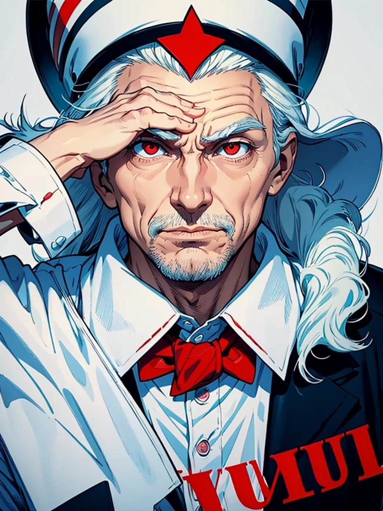 Man. his hands is up and fingers towards us, as Uncle Sam, (Uncle Sam body position and looking on face) he is making hypnosis.He has Red eyes and white short hair, wearing white, his hands up and a bow tie. he is making hypnosise with his hand. Dracula style. comics anime style, 70s poster, pop punk art style (No background) (portrait of his upper body) (Uncle Sam body position and looking on face), text "YOURCAKE"