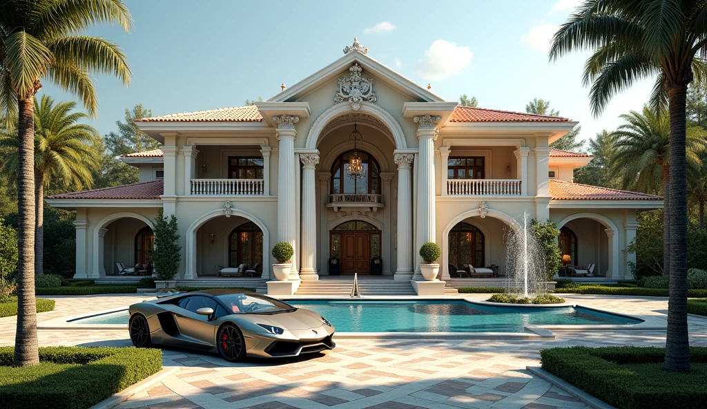 luxury mansion with a luxury car parked in front of it, luxury pool, luxury lifestyle, luxurious environment, luxury architecture, rich house, huge mansion, rich style, luxury and elite, extremely opulent, luxurious, hyper luxurious, majestic masterpiece, wealthy, luxury, stunning grand architecture, exquisite masterpiece, flaunting his wealth, inside a grand, architectural masterpiece