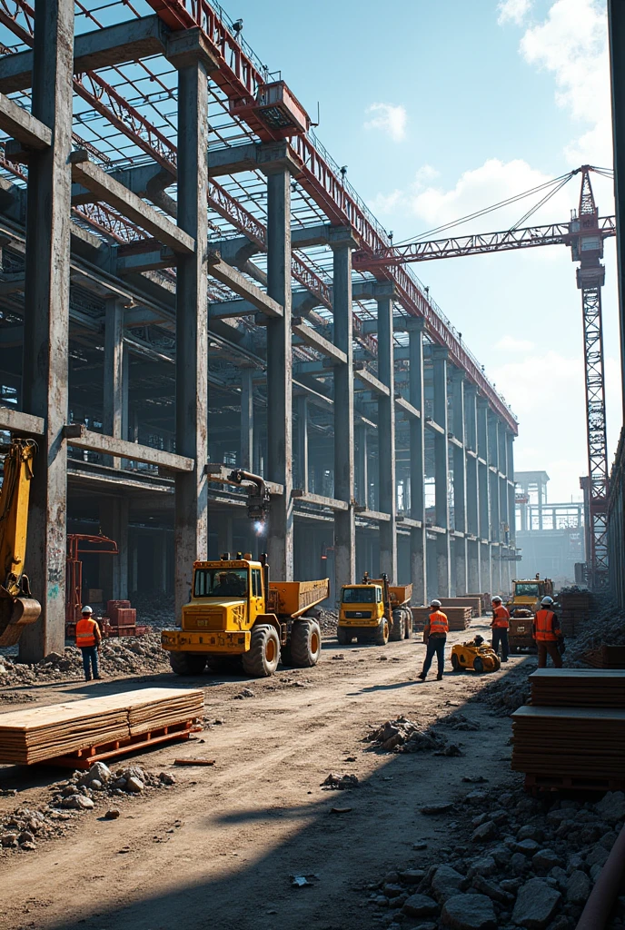 VERY REALISTIC IMAGE OF UNDERCOSTRUCTION SITE OF STEEL STRUCTURE WAREHOUSE