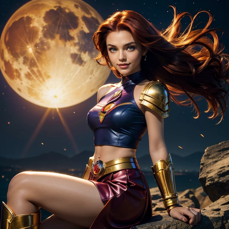 (masterpiece, best quality:1.5), highest quality, High resolution, super detailed, Realists, Full body photo of 18-year-old Starfire from Teen Titans, detailed and beautiful green eyes, beautiful detailed lips, very detailed eyes and face, longeyelashes, additional eyebrows in the forehead area, Beautiful and colorful makeup, Fighting Pose, dark red hair, orange skin, bright daylight, bright colors, fine brushstrokes, Portrait style, beautiful color palette, glowing skin, First-class rendering, that captures every detail, enchanting atmosphere, (perfect anatomy:1.2), (The two stunning dark red-haired Starfires are wearing a shiny dark blue top with shoulder pads., silver skirt and dark blue overknee boots.Animated series Teen Titans 2003, Starfire flies through the air, Energy radiates from their hands. She smiles with joy Panoramic view:1.2)