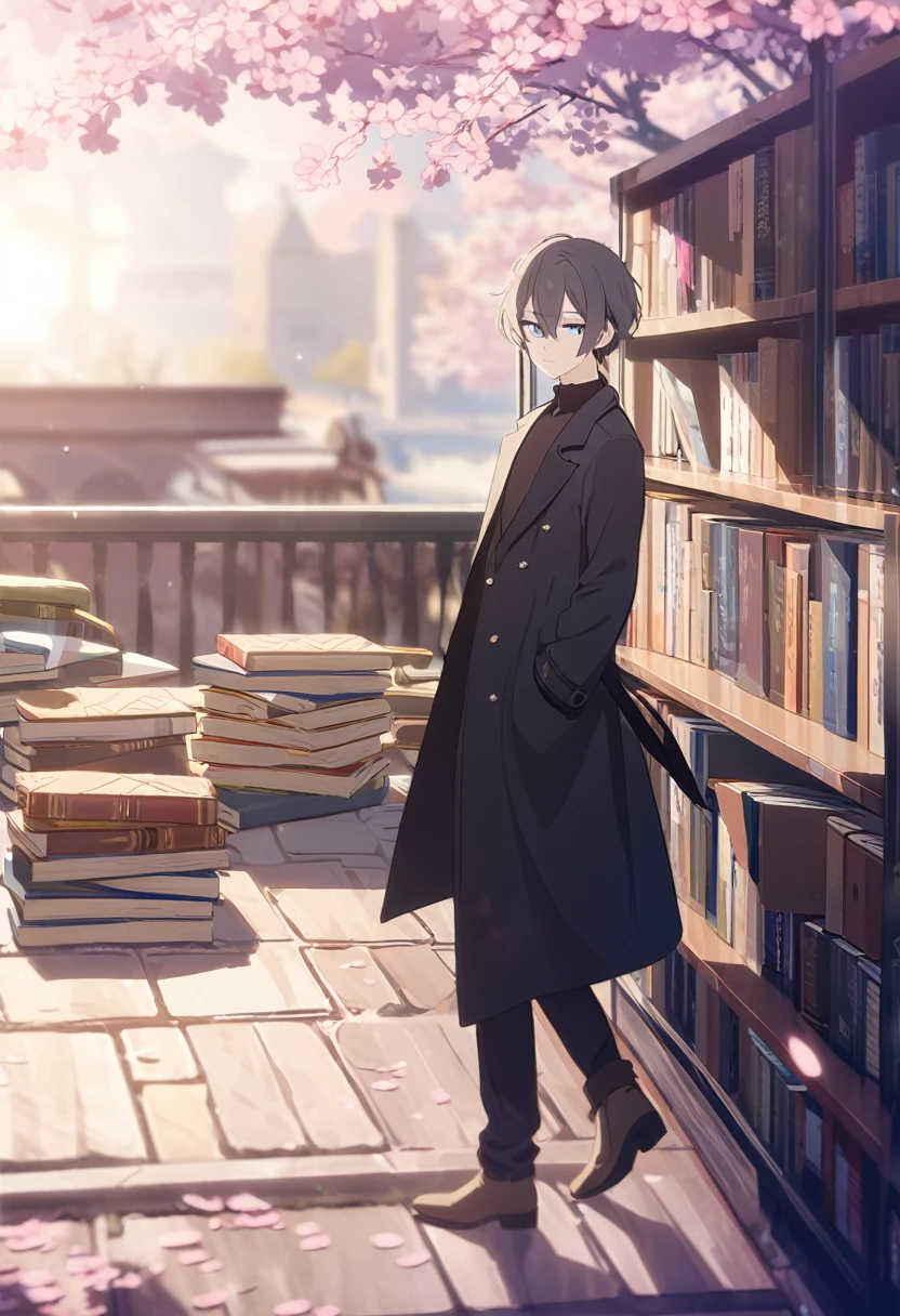 masterpiece,best quality,depth of field,8k,Looking at the viewer,Black single coat,Chocolate Brown Mock Neck,Black slacks,Chelsea Boots,dark gray hair,wseifuku,Blue Eyes,있는dark gray hair,Blue Eyes,sunny,alone,expressionless,library,Cherry Blossom,sunny,male,man