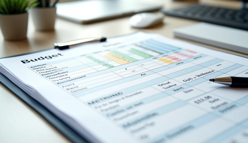"A neatly organized budget sheet on a desk, with categories like rent, groceries, and transportation, color-coded and highlighted, ar 16:9"