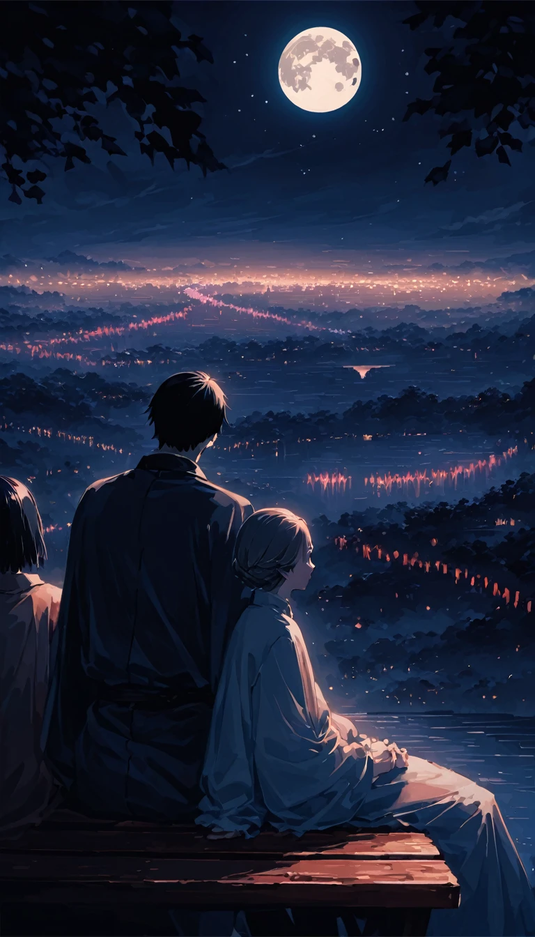 Highest quality、masterpiece、Beautiful landscape painting、night、night間、(((nightの公園のTwo people sitting on a benchの男女、Two people sitting on a bench)))、(((Rear viewの男女、Two people standing nearby)))、Rear view、美しいRear view、Rear view、dark、full moonのnight、full moon、nightのベンチ、Meiji was a custom、Rear viewの二人、Long Shot、Full body angle、dark照明、moonlight、