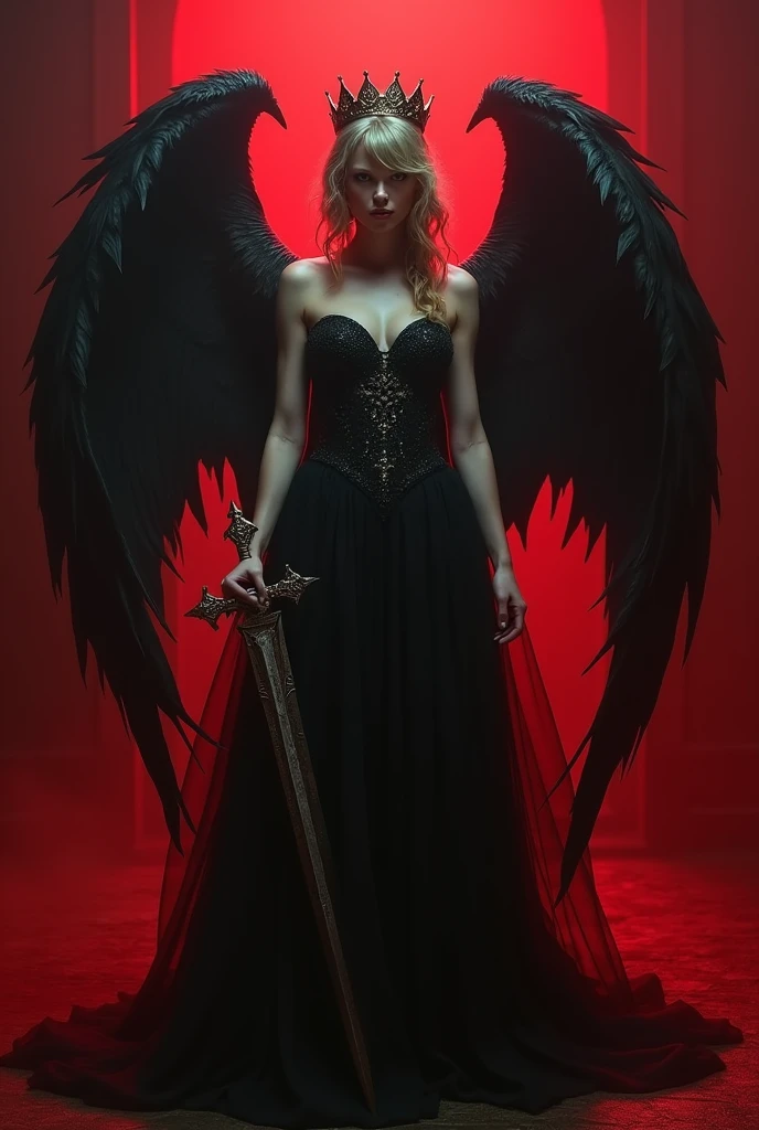 Taylor Swift vampire, wings, black dress, sword, smirk, blood, long nails, cape, crown