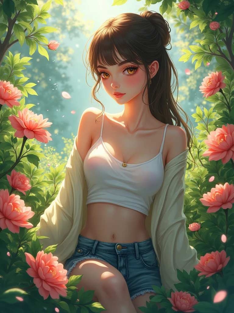 a beautiful young lady, wearing beautiful casual clothes, in garden of flowers, full body pictures, realistic anime version, fantasy, beautiful pretty face, highest quality, curve body girl