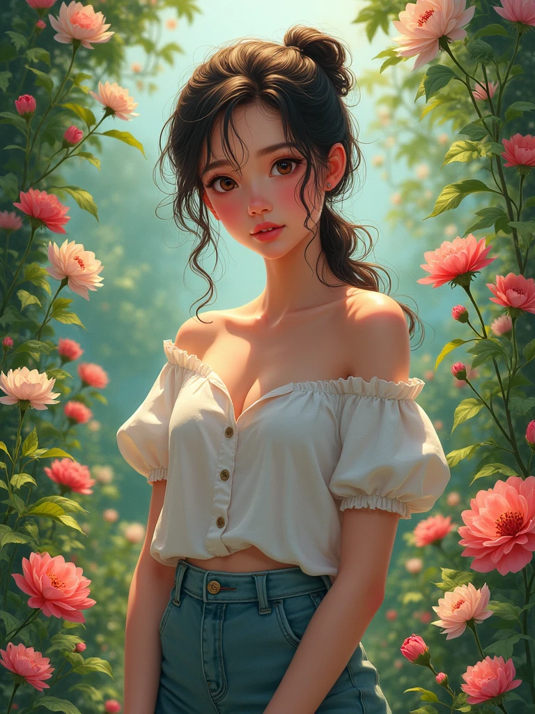 a beautiful young lady, wearing beautiful casual clothes, in garden of flowers, full body pictures, realistic anime version, fantasy, beautiful pretty face, highest quality, curve body girl