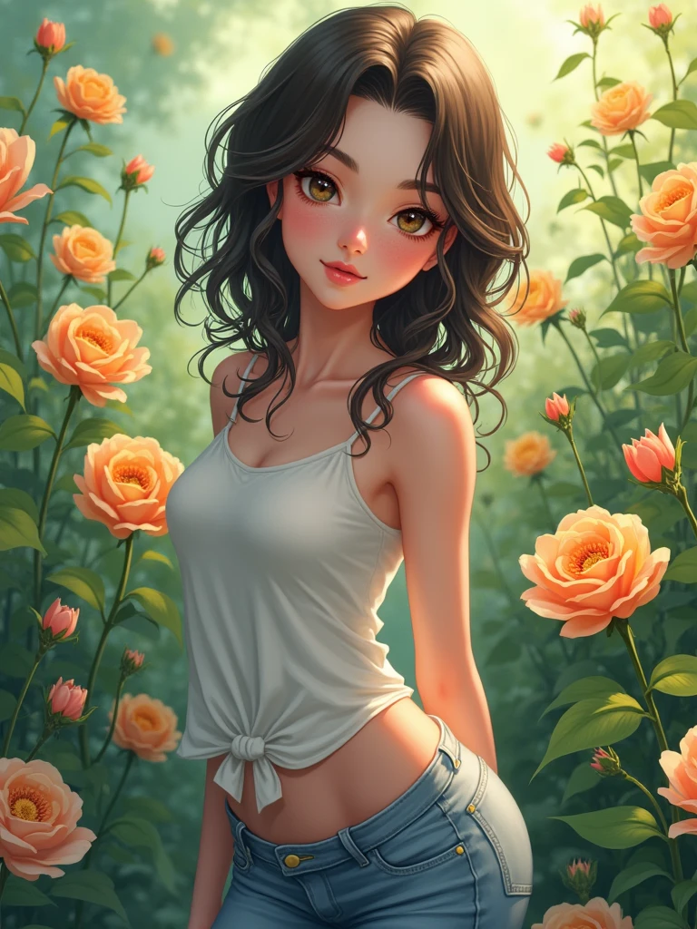 a beautiful young lady, wearing beautiful casual clothes, in garden of flowers, full body pictures, realistic anime version, fantasy, beautiful pretty face, highest quality, curve body girl