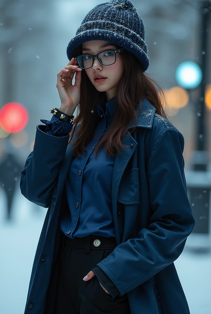 Cyberpunk Linen Suit, evening, spikes bracelet,winter hat , black shorts with navy blue, navy blue jacket ,extremely detailed, Detailed face, glasses ,beautiful face, fine eyes, looking back at the viewer, feminine pose.