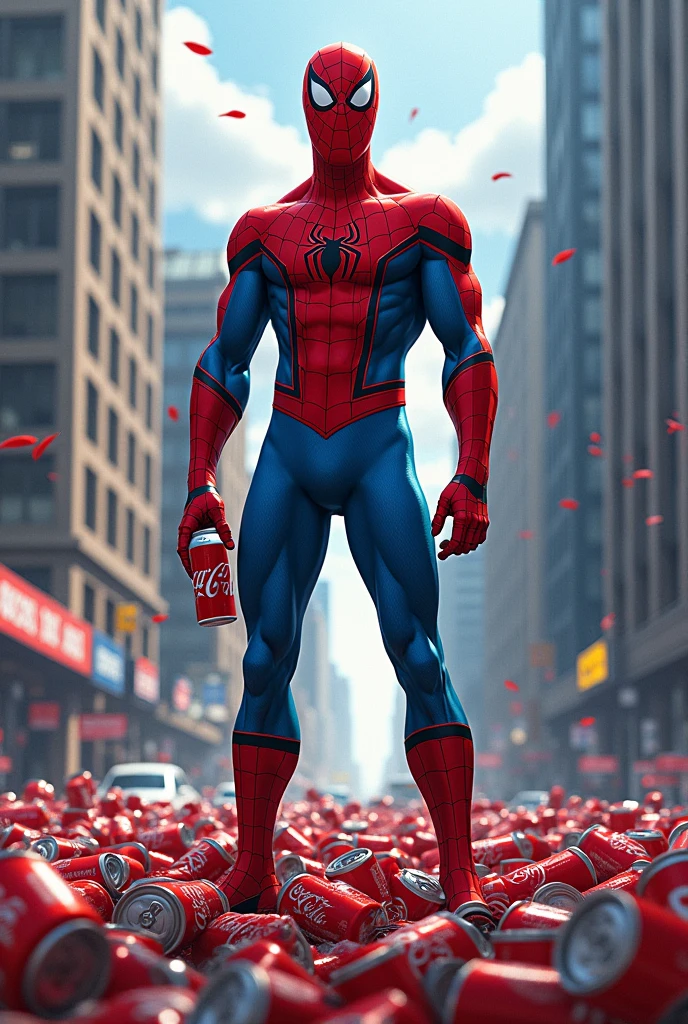 Spiderman holding any soda, stepping on countless coca colas