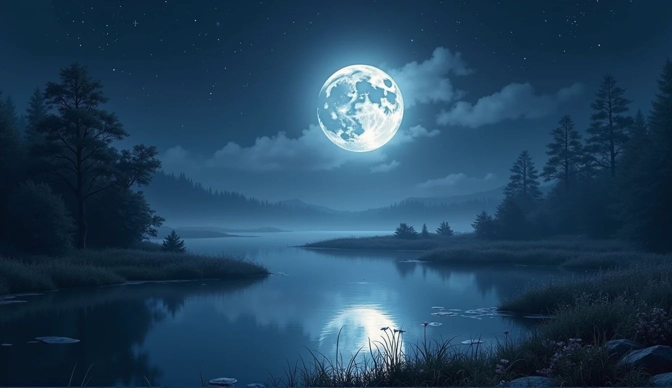 ((wallpaper)) ((4K)) ((masterpiece))A peaceful and peaceful night, Bathed in silvery radiance. A harmonious scene of the moon delicately reflected in calm water. Twinkling stars dot the dark sky, casting a magical ambiance. The surrounding nature is shrouded in a light, mysterious mist.. Bring your imagination to life with this night painting full of serenity and peace.