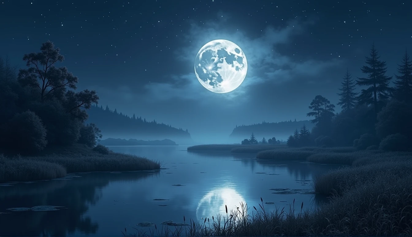 ((wallpaper)) ((4K)) ((masterpiece))A peaceful and peaceful night, Bathed in silvery radiance. A harmonious scene of the moon delicately reflected in calm water. Twinkling stars dot the dark sky, casting a magical ambiance. The surrounding nature is shrouded in a light, mysterious mist.. Bring your imagination to life with this night painting full of serenity and peace.