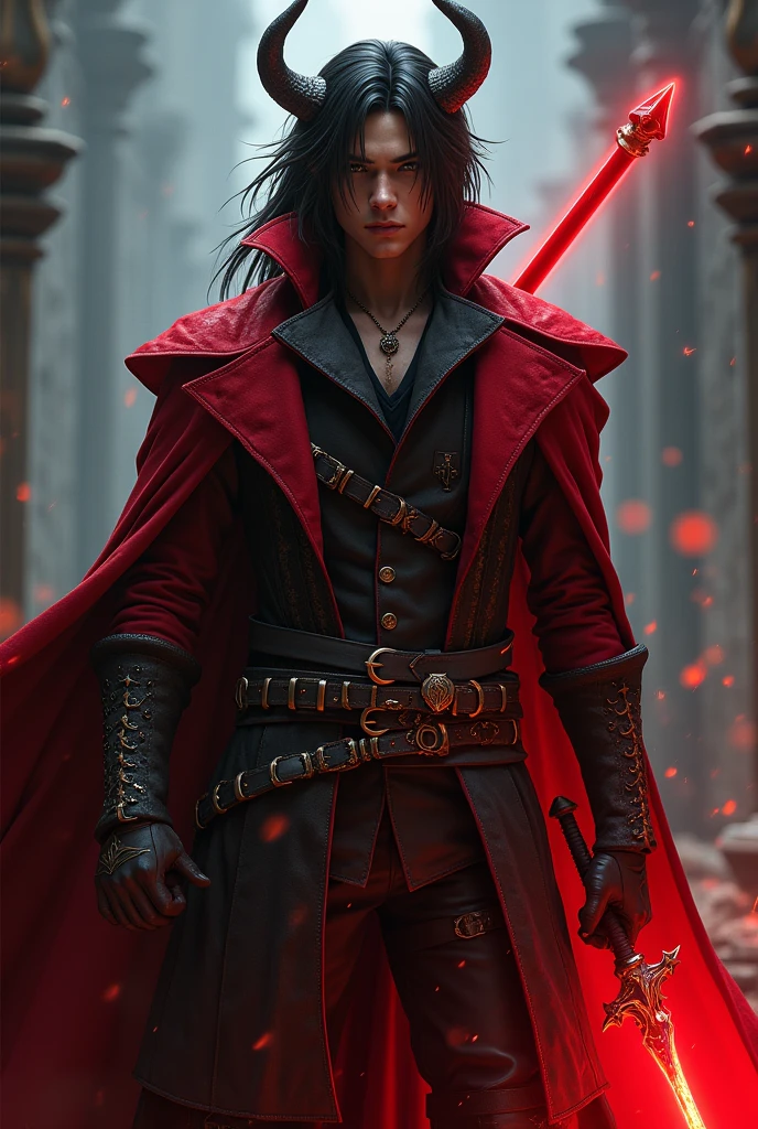 Male red mage, wearing long victorian coat with leather belts tricotn hat, mid long dark hair, red glowing rapier, flat horn sprouting from the back of the neck to the sides, menacing pose, fi al fanrasy style
