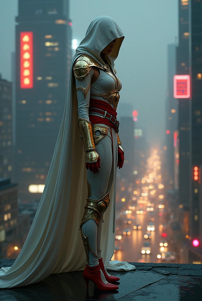 A photography of assassin's creed girl is wearing white gold armour clothes with red high heels.  She was stand top of building with night scene view. The mini board was saying "AI GENERATE HAZRIN RYNN"