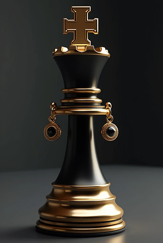 /imagine prompt: a chess piece, specifically the queen, elegantly adorned with a pair of stylish gold earrings. The piece should have a sophisticated and luxurious look, blending realism with artistic flair. The design should feature rich tones of gold and black, with a minimalist background to keep the focus on the chess piece and its accessories. The overall look should reflect elegance and high-quality fashion suitable for a semi-jewelry brand and with few background effects, solid image--ar 4:5 --q 2