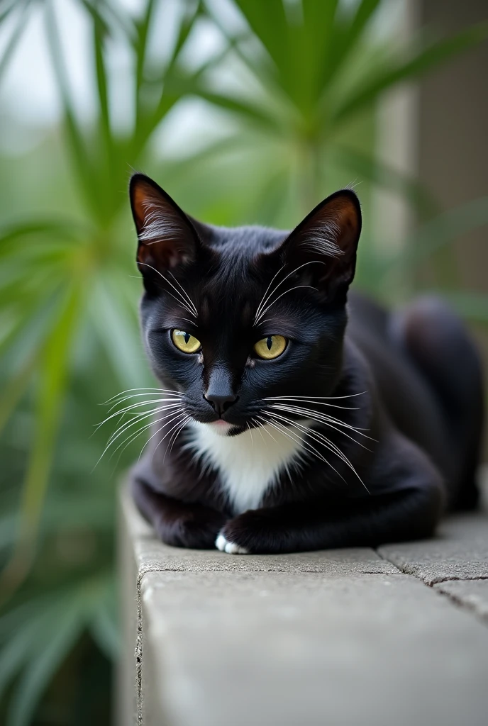 To create a realistic photo like the one you've shared, here's a detailed prompt that you can use:
---
**Prompt:**
A high-resolution photograph of a black and white cat resting on a concrete ledge. The cat has a serious, almost stern expression, with its eyes slightly narrowed and pointed ears directed outward. The fur is smooth and shiny, with distinct white whiskers and a white patch on the chest. The background features a soft, blurred view of green foliage, with palm leaves slightly out of focus, creating a natural, outdoor setting. The lighting is natural, diffused, and slightly overcast, adding depth to the cat's fur without harsh shadows. The perspective is slightly low, emphasizing the cat's position on the ledge, with the focus on the cat's face and upper body.
-