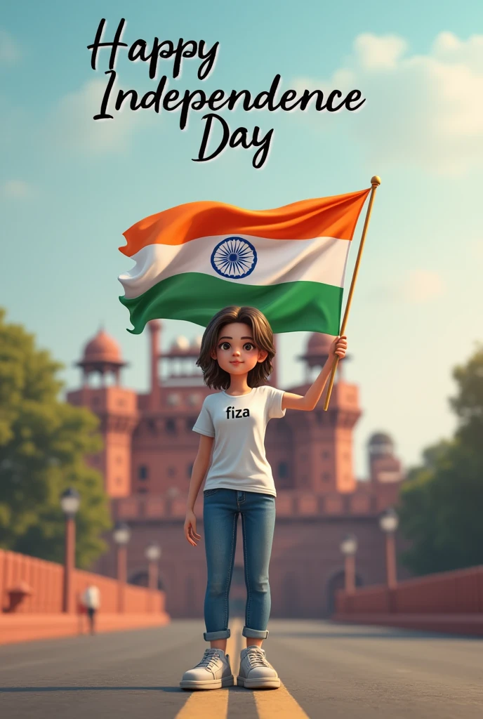 Generate a Realistic 18 years old girl , Wearing White T shirt blue jeans sneakers and the name    "fiza" is written on his t-shirt and the boy is standing on the road with holding a national flag of India, and behind him is the Red Fort Delhi. And written on sky "Independence Day" Create Realistic image high quality