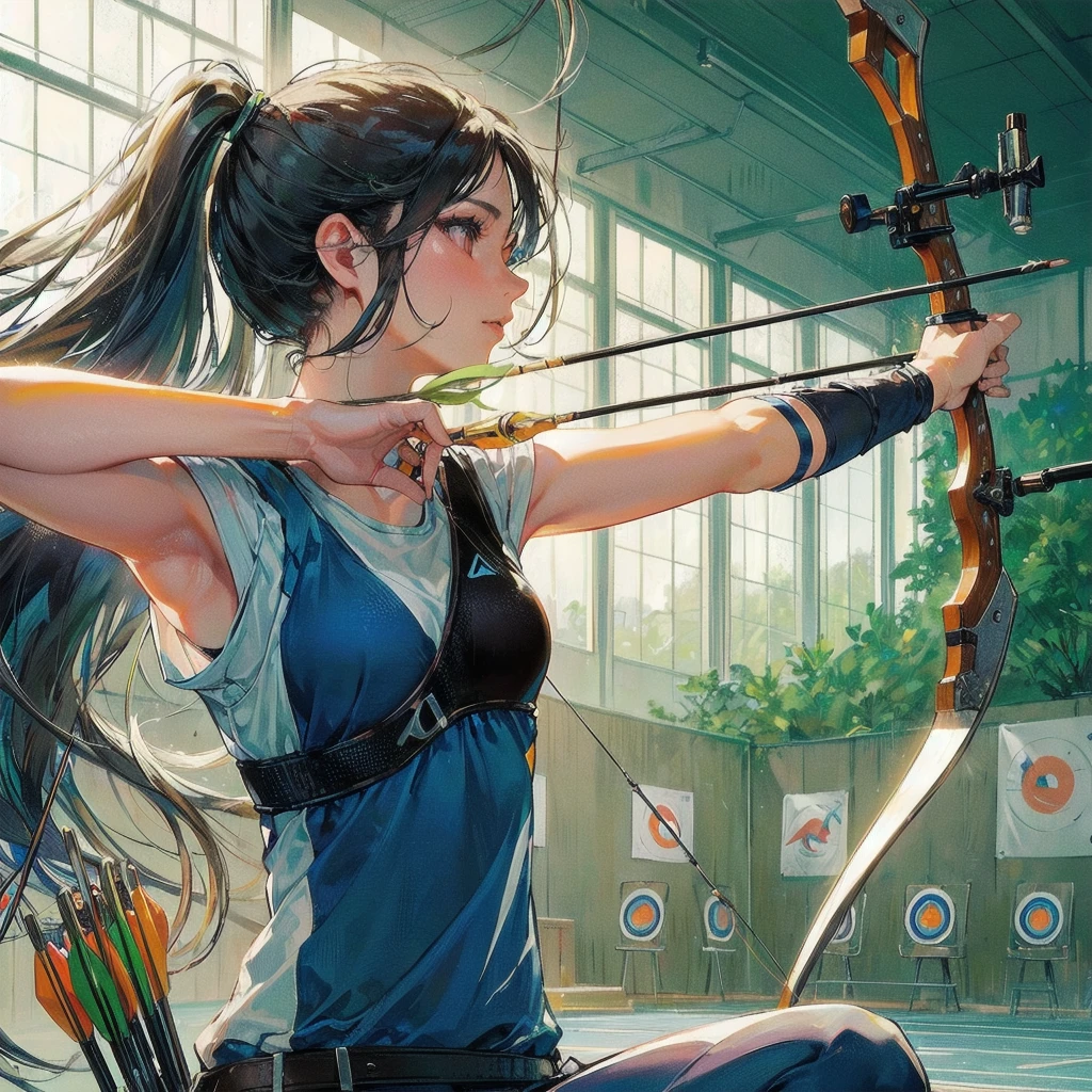 masterpiece, (textured skin), best quality, gorgeous beautiful girl, (a female archery athlete), detailed clothes,large breasts,narrow waist,, (beautiful face), cinematic lighting, (at archery venue ),