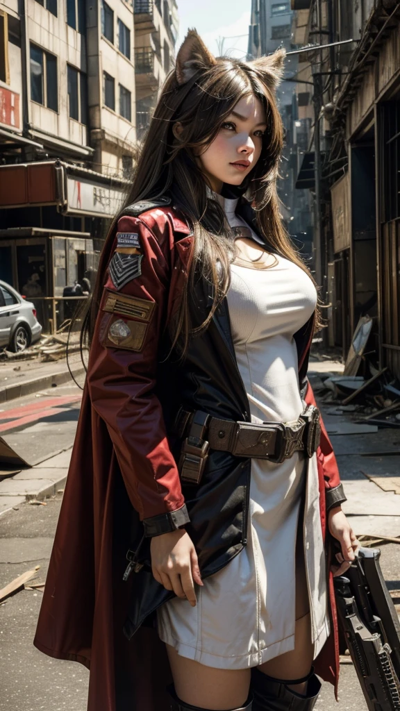 The metropolis of the future.A lovely and charming girl,Wolf ears,long hair,Big breasts,All American Body,Wearing a red and white combat uniform,Wearing a combat coat,Holding a submachine gun,in the ruined city