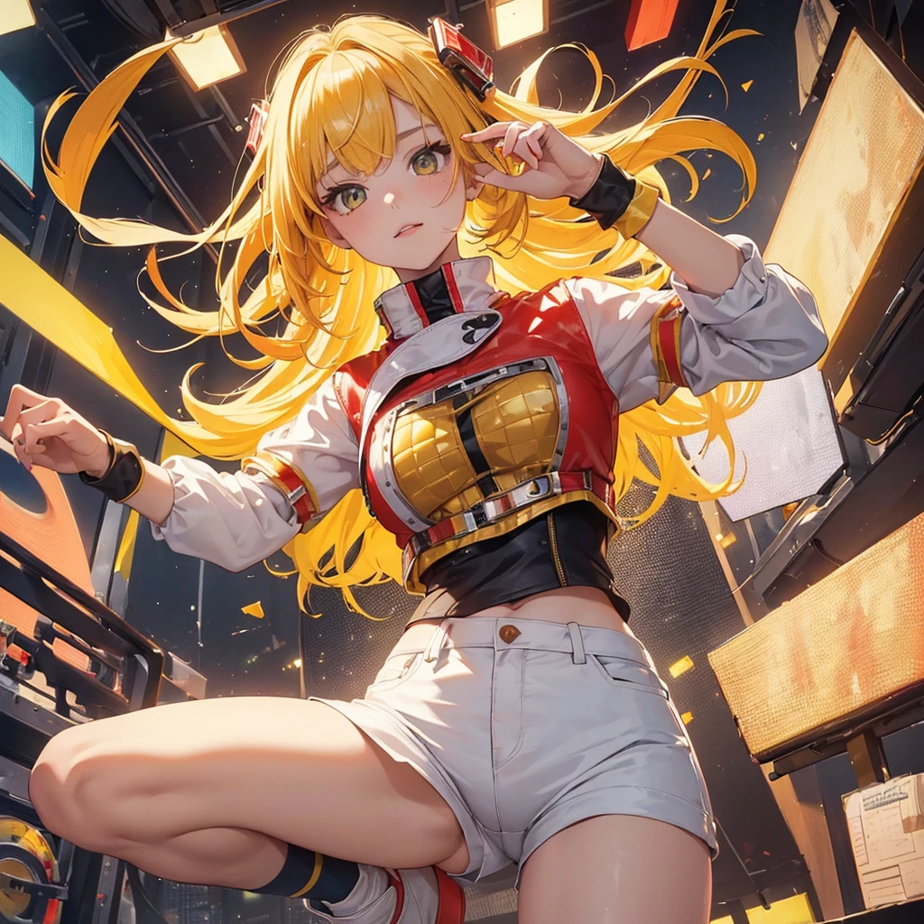 ((Highest quality, 8k, masterpiece: 1.3)), (Super beautiful face: 1.0), (Glowing Skin: 1.0), Party Girl,Knee-high socks,Yellow Hair,white and red clothes,Leather hot pants,View your viewers,Grid-patterned top,(Front standing)