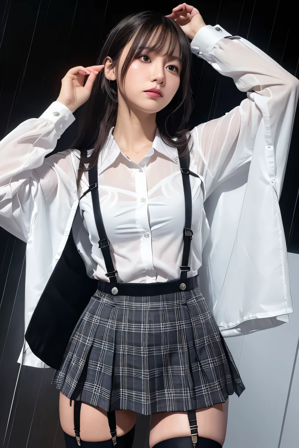 1 female, , high quality, masterpiece, Ultra-high resolution, Cinema Lighting, 1 female, , high quality, masterpiece, Ultra-high resolution, , Cinema Lighting, suspenders Moderate breasts Small face Looking up Sweat Thin belt buzzer 脇Sweat garter belt Belt on pants holster Hands behind your back Looking up Anxious face Knee-high Knee socks Knee-highソックス garter ふとももにgarter belt Checkered mini skirt Panty shot Skirt gap Armament holster holster Hands behind your back Anxious expression Anxious face, legs apart Armament Leg Holster holster See-through clothing heavy rain Rain-soaked dress shirt,Moderate breasts ガーターbelt suspenders Garter on the thigh Checkered mini skirt Looking up Pause belt Armpit sweat Hands behind back Raise your hands