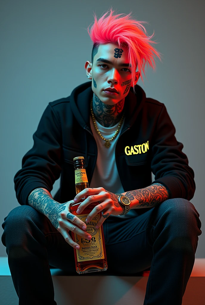  A 17-year-old man with glowing tattoos and brightly colored hair is sitting down holding a Jack Daniel's bottle, wearing a jacket that says GASTON.